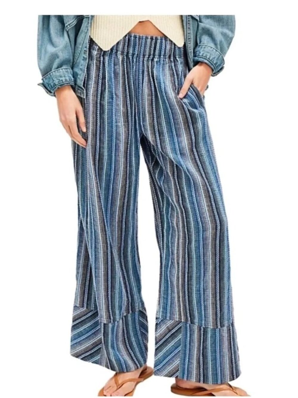 Free People Womens Stripe Wide Leg Mid-rise Pants Size Large Blue Cotton Casual